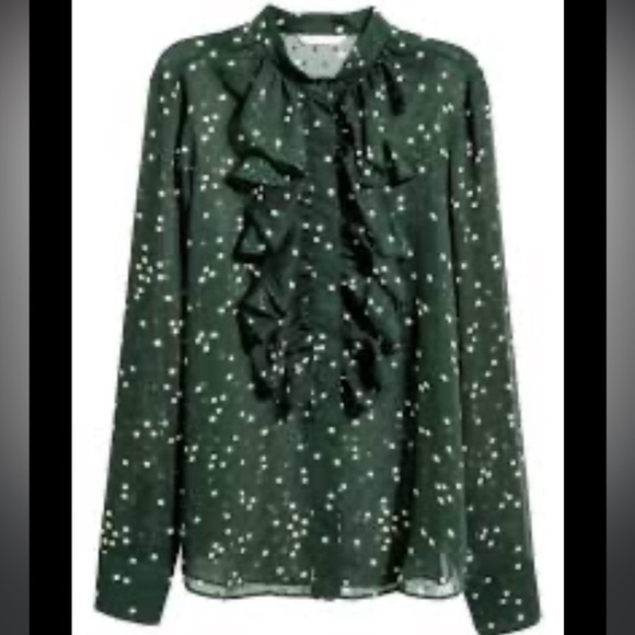 H&M Plumeti Blouse Dark Green with White Polka Dots Ruffle Ling Sleeve 12 - Picture 1 of 9